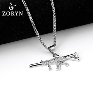 Colliers pendentifs étanches en acier inoxydable et acier titane, style fusil entièrement serti de pierres, pour hommes, bijoux de mode Hip Hop Streetwear Bling - Product Image 2