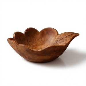 Artisanal Leaf Handle Accent Mango Wood <b>Bowl</b> Decorative Flower <b>Salad</b> <b>Serving</b> <b>Bowl</b> with Walnut Finish - Product Image 1