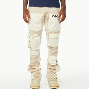 Pantalon évasé personnalisé élégant pantalon de survêtement poches multiples à fermeture éclair couleur contrastée pantalon cargo évasé pour hommes empilés