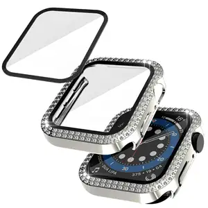 Crystal Diamond Bling Case Bumper Frame Tempered Glass Protector for Apple Watch Series 7 6 5 4 3 2 1 SE Watch Case 41 42 44mm