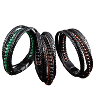 Bracelet Tressé Fait Main en Cuir Synthétique Noir Double Couche Fermoir en Acier Inoxydable Tressé Multi-Couche Bracelet Tendance