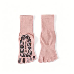 Chaussettes de yoga professionnelles 100% coton, antidérapantes, respirantes, couleur unie, mi-mollet, cinq orteils, logo personnalisable - Product Image 5