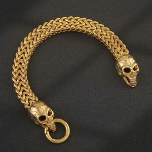 Pulsera para Hombre de Acero Inoxidable, Cadena Doble Franco Pesada con Cabeza de Calavera, Joyería para Motociclistas, Pulsera Cubana Dorada - Product Image 2