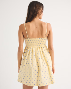 Robe courte pour femme LEDUO, style rétro estival, jaune à pois, bretelles spaghetti, coupe trapèze - Product Image 2