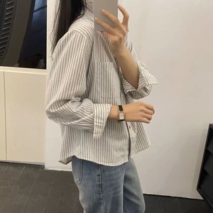 Striped Shirt Women Long Sleeve Poplin Casual Retro Top Blue And Off White Stripes Everyday Wear - Product Image 2