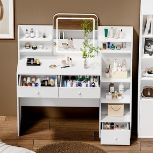 Tocador <span class=keywords><strong>de</strong></span> Maquillaje Moderno con Luz LED Ajustable <span class=keywords><strong>de</strong></span> 3 Colores y Estantes Inclinados <span class=keywords><strong>de</strong></span> 5 Niveles - Product Image 6
