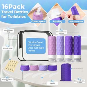 Ensemble de 16 flacons de voyage personnalisables avec logo, approuvés, étanches, avec manchons élastiques, pour articles de toilette et cosmétiques (violet) - Product Image 3