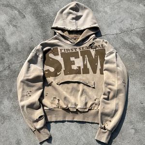 Sudadera con capucha personalizada con efecto desgastado, estilo streetwear, hombros caídos, lavado ácido, corte holgado, para hombre, de algodón grueso. - Product Image 1