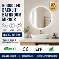 Miroir de salle de bain LED circulaire sans cadre 60 cm rétroéclairé à intensité variable 6000K IP44 étanche mural pour hôtel par Joystar