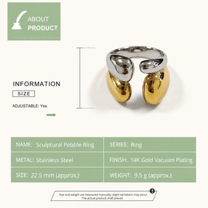 แหวนหินกรวดปรับขนาดได้สองสี ดีไซน์สวยงาม ผลิตจากสแตนเลสสตีล ชุบทอง 14K ด้วยวิธีการเคลือบสูญญากาศ เครื่องประดับที่โดดเด่น - Product Image 4