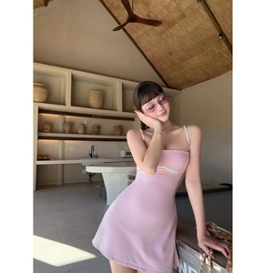 Y2K Women Dress Sexy <b>Spaghetti</b> <b>Strap</b> Bodycon Mini Dress Contrast Binding Streetwear Slit Party Club Wear Pink Pastel - Product Image 1