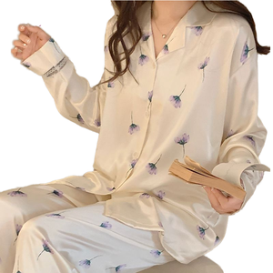 <b>Women's</b> Long-Sleeved Pajamas Suit 100% Silk Solid Elastic Waist Soft Breathable Summer Casual Home <b>Clothes</b> <b>for</b> Spring Summer - Product Image 1