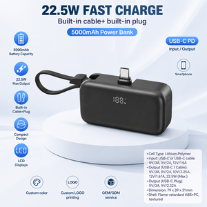 Batterie externe portable 5000 mAh avec câble intégré, écran LCD, 2 interfaces Type-C, <span class=keywords><strong>sortie</strong></span> 22,5 W, se range facilement dans la <span class=keywords><strong>poche</strong></span> - Product Image 1