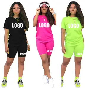 Custom logo Women Clothing over size solid Short Sleeves Shorts Set Casual 2 Piece Women Outfit