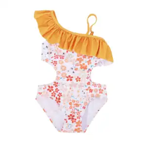 Custom Orange Flower Print Baby Girls Swimsuit Ruffled Edge One-piece Beach Bathing Suit Kids Swimwear Bikini