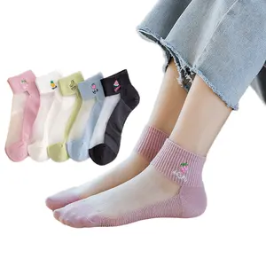 Rainbow Color Custom Fruit Pattern Crystal Silk Socks Breathable Anti-Odor Socks Trendy Patchwork Solid Color Cotton Socks