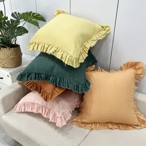 New frill ruffles pillows & cushions Custom tag organic 100% washed linen pillow cushion cases for home decor sofa cushion cover
