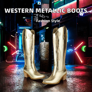 Bottes de cowboy en cuir métallisé pour femme, brodées, hauteur genou, à bout pointu, en PU, pour l'extérieur, l'équitation et les soirées, à talons épais, pour l'été - Product Image 2