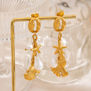 ต่างหูไข่มุกเคลือบทองพร้อมจี้รูปปลาดาวสวมใส่ได้ทุกวัน - Product Image 4