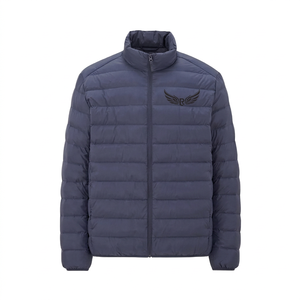 Men's Navy Blue <b>Jacket</b> Stand Collar Zipper Front Embroidery Logo Windproof Casual <b>Winter</b> Wear - Product Image 1