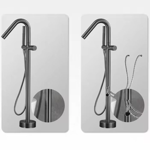 Grifo de Bañera de Lujo Independiente con Montaje en Suelo, Mezclador de <span class=keywords><strong>Baño</strong></span> Moderno de Latón con Caño Giratorio y Set de Ducha de Mano - Product Image 3