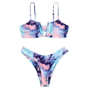 2024 personnalisé Floral taille haute Triangle Bikini populaire Sexy Spandex slip avec cravate String femmes deux pièces maillots de bain plage - Product Image 5