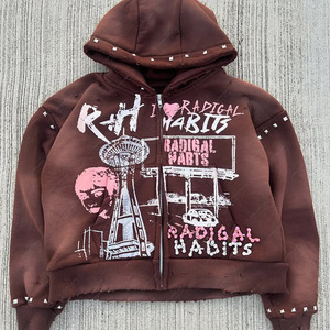 Streetwear personnalisé surdimensionné strass Rivet en détresse impression numérique sweat à capuche zippé soleil délavé à l'acide sweats à capuche unisexe été - Product Image 5