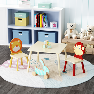Set Meja dan 2 Kursi Anak Modern 3-Piece Kayu Solid+MDF Set Makan Balita (Singa & Monyet) - Product Image 4