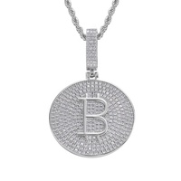 Collier en laiton plaqué Rhodium hip hop et zircon bling carte ronde B lettre