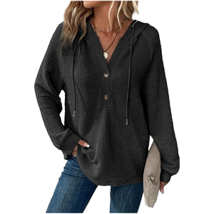 Women's Casual Short Sleeve Waffle Knit <b>Hoodies</b> with V-Neck & Drawstring Button Spring <b>Summer</b> Outfits Featuring Front Logo Print - Product Image 1