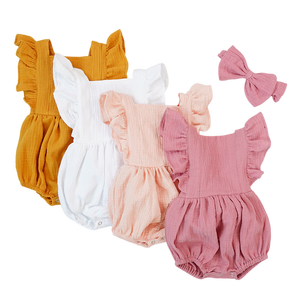 Low MOQ Custom Color Manufacturer Summer Toddler <strong>Clothes</strong> Solid Color Ruffle Sleeves Bowknot <strong>Muslin</strong> Girls Kids Bodysuit - Product Image 2