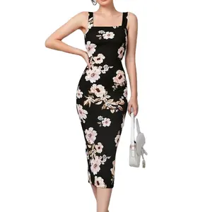 Retro Print Ladies Summer Dress Fashionable Suspender Maxi Dress 2022 Latest Style Tight Bag Hip Clothing Suitable for Work