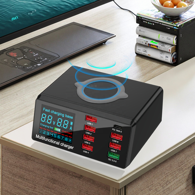 100W 8-Port USB Charger Hub Quick Charge 3.0 PD Wireless Charging Station LCD Display USB-C Fast Desktop Electric Charger 5V/1A