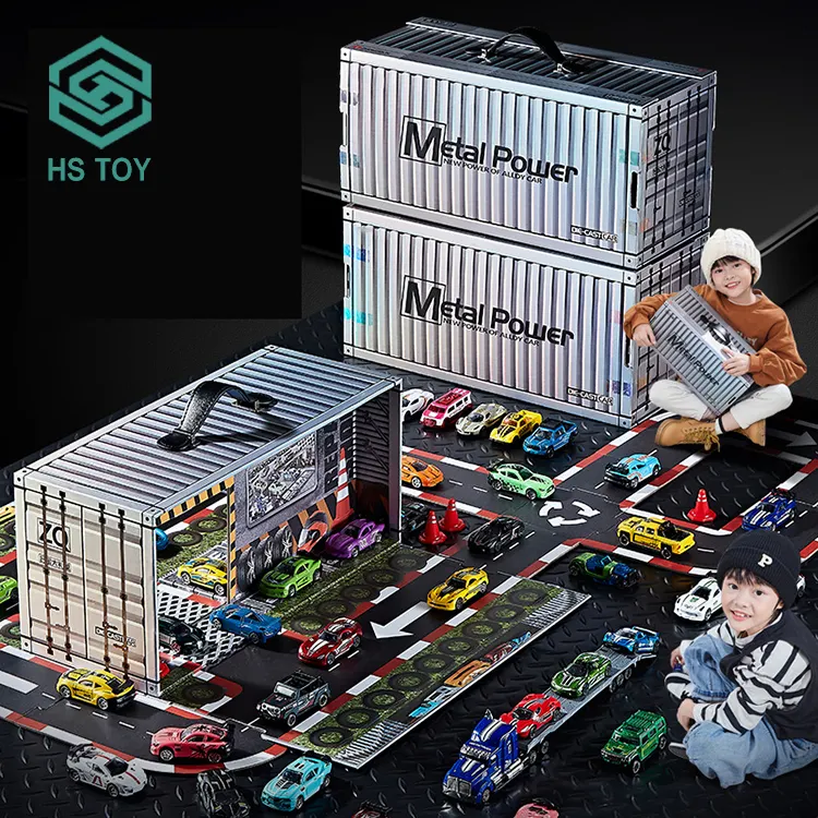 HS Deformation Race Track Parking Lot Alloy Kids Gift Box Container 1 64 Diecast Car Storage Box With 50 PCS