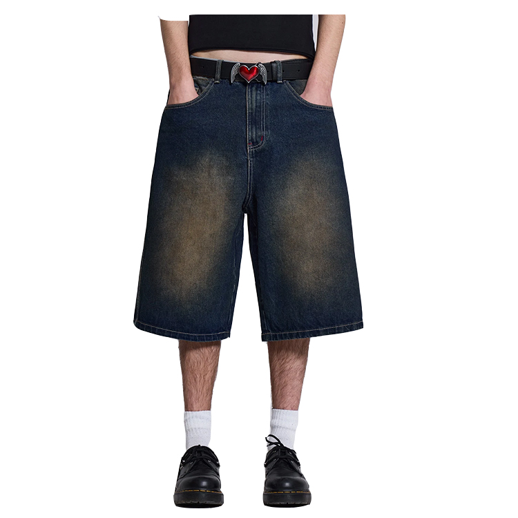 Custom Logo Embroidery Acid Wash Jorts Men Baggy Mid-Waist