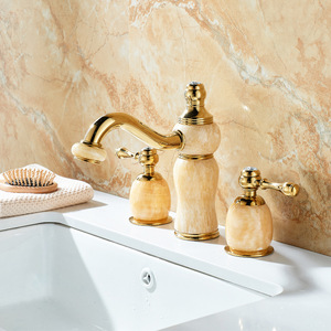 <span class=keywords><strong>Robinet</strong></span> de lavabo de salle de bain en laiton doré rose européen avec veinures de jade jaune-vert, trois trous, trou moyen de huit pouces - Product Image 6