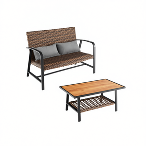 Conjunto de Jardín Moderno para Exteriores, Sofá de Ratán de 2 Plazas con Mesa de Centro, Estructura de Acero, Cubierta de Teca, Cojín de Secado Rápido - Product Image 1