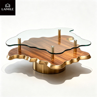 Table basse de luxe en forme de nuage irrégulière, double plateau en bois, plateau en verre trempé, base en métal doré, table de salon
