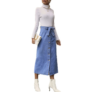 Faldas de mezclilla con autocinturón para mujer, falda larga de talla grande con botones, de cintura alta, por debajo de la rodilla - Product Image 6