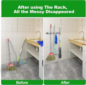 Support mural en acier inoxydable avec 4 clips et 5 crochets pour organiser les balais, rangements d'outils pour la maison, la cuisine, le jardin, la buanderie, le <span class=keywords><strong>garage</strong></span> - Product Image 6