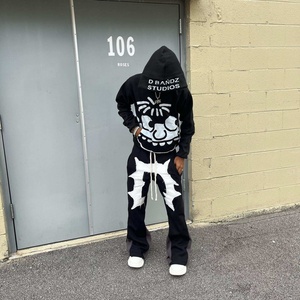 Survêtements personnalisés en coton épais avec fermeture éclair, appliqué brodé, pantalon de survêtement évasé, ensembles de sweats à capuche et de pantalons de survêtement pour hommes - Product Image 5