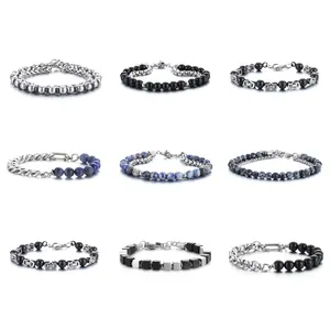 Tarnish Free Luxury Chain Beads Bracelet En Acier Inoxydable Sodalite Agate Stone Gemstone Stainless Steel Beaded Bracelets Men