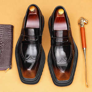 Chaussures habillées Oxford noires en cuir verni pour hommes, bout carré, à lacets, doublure en cuir véritable, semelle extérieure en caoutchouc, semelle intermédiaire en bois, pour le travail - Product Image 4