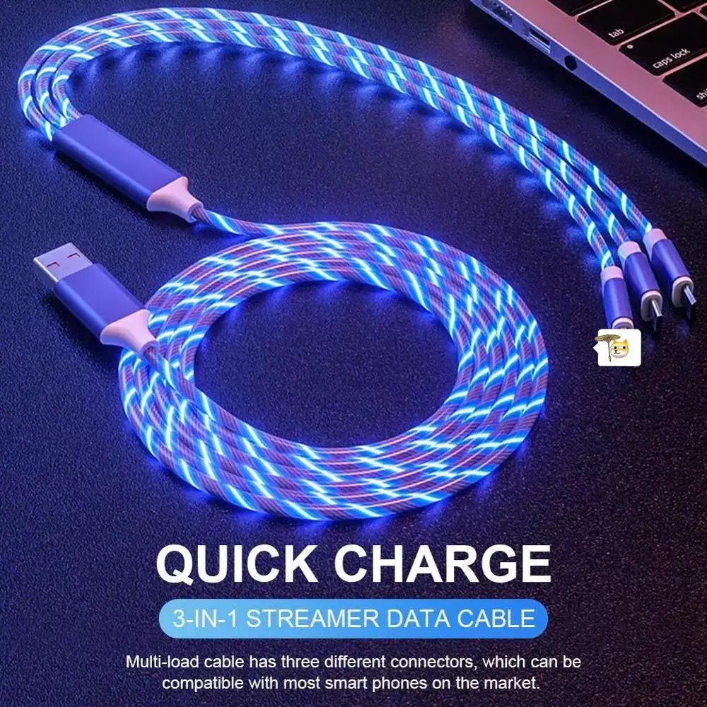Neues Led-Licht fließendes schnelles USB-Ladekabel Handykabel Ladekabel Typ C Usb-c Micro-USB 3-In-1 Kabel