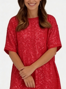 Vestidos Casuales de Punto de Algodón con Lentejuelas Sueltas, Talla Grande, Cuello Redondo, Manga Media, Mini, Joyinspring 2026 |   Vestido de Primavera, Verano y Otoño - Product Image 2