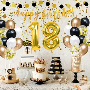 Nicro-decoraciones para cumpleaños de niños, globos de confeti para eventos y fiestas, color oro negro, 18 °, venta al por mayor