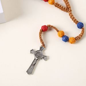 High Quality Catholic Rosary Chain Prayer <b>Beads</b> Colorful with Flower 10mm <b>Plastic</b> <b>Beads</b> Alloy Cross Jesus Charm Centerpiece - Product Image 3