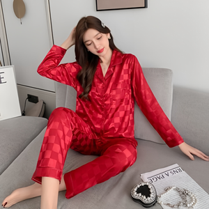 Nuove donne Grid Stripe Nightwear Luxury Ice Silk <span class=keywords><strong>pigiama</strong></span> Set manica lunga Soft Sleepwear <span class=keywords><strong>donna</strong></span> primavera estate <span class=keywords><strong>pigiama</strong></span> di grandi dimensioni - Product Image 1