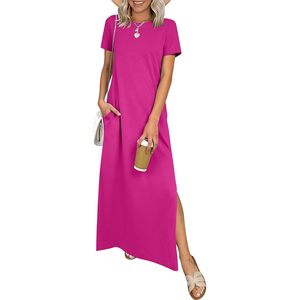 Robe longue d'été Anrabess pour femme, à manches courtes, col rond, fendue, en maille ample, infroissable, décontractée, pour la plage et les vacances, taille naturelle - Product Image 1