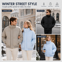 Blouson d'hiver unisexe épais et chaud, style puffer, toucher doux et matelassé, col montant, en polyester rembourré, ourlet côtelé, style streetwear